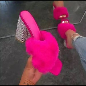 Hot pink fluffy fur block heel sandals